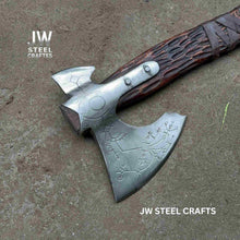 Load image into Gallery viewer, Hand Engraved Viking Double-Bit Axe with Carved Hardwood Handle and Norse Rune Detailing | Handmade Damascus Steel Collector Axe | JW SteelCrafts