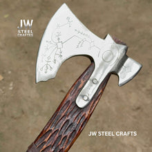 Load image into Gallery viewer, Hand Engraved Viking Double-Bit Axe with Carved Hardwood Handle and Norse Rune Detailing | Handmade Damascus Steel Collector Axe | JW SteelCrafts