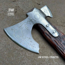 Load image into Gallery viewer, Hand Engraved Viking Double-Bit Axe with Carved Hardwood Handle and Norse Rune Detailing | Handmade Damascus Steel Collector Axe | JW SteelCrafts