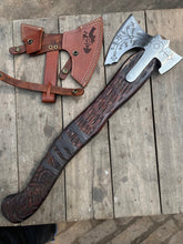 Load image into Gallery viewer, Hand Engraved Viking Double-Bit Axe with Carved Hardwood Handle and Norse Rune Detailing | Handmade Damascus Steel Collector Axe | JW SteelCrafts