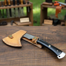 Load image into Gallery viewer, Hand-Forged Bearded Camp Hatchet with Hardwood Handle and Leather Sheath