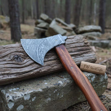 Load image into Gallery viewer, Hand Forged Bushcraft Chopping Axe, Damascus Blade + Ergonomic Curved Handle