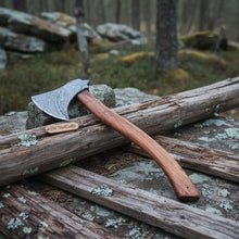 Load image into Gallery viewer, Hand Forged Bushcraft Chopping Axe, Damascus Blade + Ergonomic Curved Handle