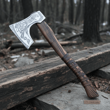 Load image into Gallery viewer, Hand-Forged Carbon Steel Viking Axe | Carved Ash Wood Handle | Leather Wrap Grip | JW SteelCrafts