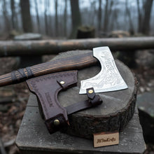 Load image into Gallery viewer, Hand-Forged Carbon Steel Viking Axe | Carved Ash Wood Handle | Leather Wrap Grip | JW SteelCrafts