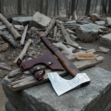 Load image into Gallery viewer, Hand-Forged Carbon Steel Viking Axe | Carved Ash Wood Handle | Leather Wrap Grip | JW SteelCrafts