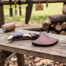 Load image into Gallery viewer, Hand-Forged Damascus Bearded Hatchet with Purple wood and brass Handle