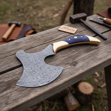 Load image into Gallery viewer, Hand-Forged Damascus Bearded Hatchet with Purple wood and brass Handle