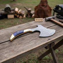 Load image into Gallery viewer, Hand-Forged Damascus Bearded Hatchet with Purple wood and brass Handle