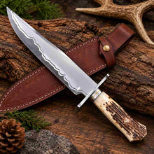 Load image into Gallery viewer, Hand Forged 1095/15N20 Damascus Bowie Knife with Bone Handle and Leather Sheath
