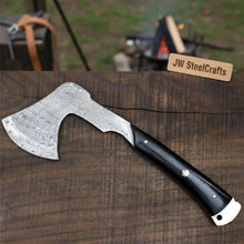 Load image into Gallery viewer, Hand-Forged Bearded Camp Hatchet with Hardwood Handle and Leather Sheath