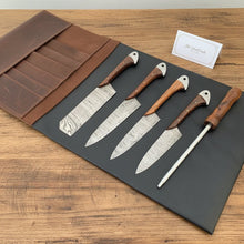 Load image into Gallery viewer, Hand-Forged Damascus Cutlery Kit — 7” Santoku, 8” Chef Knife, Kitchen Cleaver, 5” Petty Knife with Matching Honing Rod