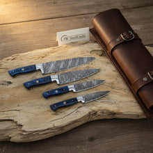 Load image into Gallery viewer, Hand-Forged Damascus French-Style Steak Knife Set — Slim Pointed Table Cutlery with Blue Wood Handles &amp; Leather Roll