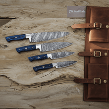 Load image into Gallery viewer, Hand-Forged Damascus French-Style Steak Knife Set — Slim Pointed Table Cutlery with Blue Wood Handles &amp; Leather Roll