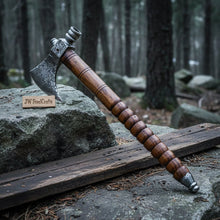 Load image into Gallery viewer, Hand Forged Damascus Smoking Axe with Ringed Hardwood Handle and Leather Sheath | JW SteelCrafts