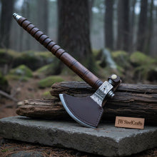 Load image into Gallery viewer, Hand Forged Damascus Smoking Axe with Ringed Hardwood Handle and Leather Sheath | JW SteelCrafts
