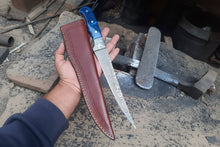 Load image into Gallery viewer, Hand-Forged Damascus Steel Fillet Knife – 8 Inch Flexible Fish Fillet Blade with Blue Resin Handle, Full Tang Professional Fishing Knife with Leather Sheath JW SteelCrafts