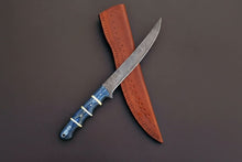 Load image into Gallery viewer, Handcrafted Damascus Steel Fish Fillet Knife with Blue Pakka Wood Handle and Leather Sheath