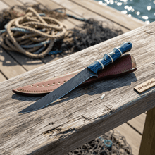 Load image into Gallery viewer, Handcrafted Damascus Steel Fish Fillet Knife with Blue Pakka Wood Handle and Leather Sheath