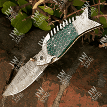 Load image into Gallery viewer, Hand Forged Damascus Steel Folding Knife – Honeycomb, Pinecone &amp; Brass Handle Variations