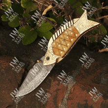 Load image into Gallery viewer, Hand Forged Damascus Steel Folding Knife – Honeycomb, Pinecone &amp; Brass Handle Variations