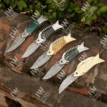 Load image into Gallery viewer, Hand Forged Damascus Steel Folding Knife – Honeycomb, Pinecone &amp; Brass Handle Variations