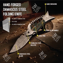 Load image into Gallery viewer, Hand Forged Damascus Steel Folding Knife – Honeycomb, Pinecone &amp; Brass Handle Variations