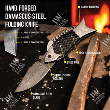 Load image into Gallery viewer, Hand Forged Damascus Steel Folding Knife – Honeycomb, Pinecone &amp; Brass Handle Variations