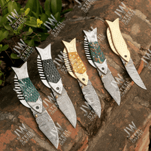 Load image into Gallery viewer, Hand Forged Damascus Steel Folding Knife – Honeycomb, Pinecone &amp; Brass Handle Variations