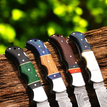 Load image into Gallery viewer, Hand Forged Damascus Steel Folding Knife – Pakka Wood Handle with Leather Sheath