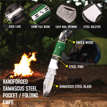 Load image into Gallery viewer, Hand Forged Damascus Steel Folding Knife – Pakka Wood Handle with Leather Sheath