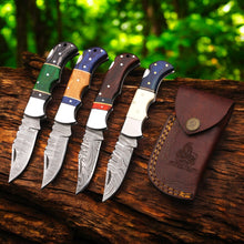 Load image into Gallery viewer, Hand Forged Damascus Steel Folding Knife – Pakka Wood Handle with Leather Sheath