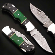 Load image into Gallery viewer, Hand Forged Damascus Steel Folding Knife – Pakka Wood Handle with Leather Sheath