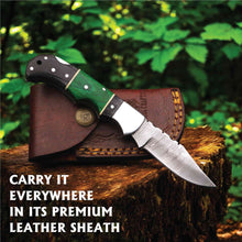Load image into Gallery viewer, Hand Forged Damascus Steel Folding Knife – Pakka Wood Handle with Leather Sheath