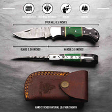 Load image into Gallery viewer, Hand Forged Damascus Steel Folding Knife – Pakka Wood Handle with Leather Sheath
