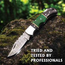 Load image into Gallery viewer, Hand Forged Damascus Steel Folding Knife – Pakka Wood Handle with Leather Sheath