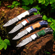 Load image into Gallery viewer, Hand Forged Damascus Steel Folding Knife – Pakka Wood Handle with Leather Sheath