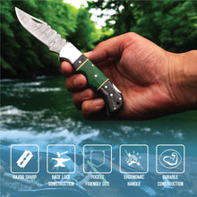Load image into Gallery viewer, Hand Forged Damascus Steel Folding Knife – Pakka Wood Handle with Leather Sheath