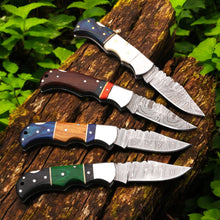 Load image into Gallery viewer, Hand Forged Damascus Steel Folding Knife – Pakka Wood Handle with Leather Sheath
