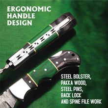 Load image into Gallery viewer, Hand Forged Damascus Steel Folding Knife – Pakka Wood Handle with Leather Sheath