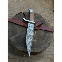 Load image into Gallery viewer, Hand Forged Damascus Steel Frontier Bowie Knife, Clip Point Blade with Coffin Handle and Leather Sheath, JW SteelCrafts