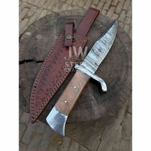 Load image into Gallery viewer, Hand Forged Damascus Steel Frontier Bowie Knife, Clip Point Blade with Coffin Handle and Leather Sheath, JW SteelCrafts