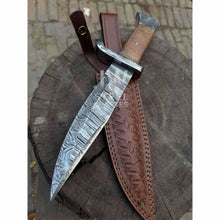 Load image into Gallery viewer, Hand Forged Damascus Steel Frontier Bowie Knife, Clip Point Blade with Coffin Handle and Leather Sheath, JW SteelCrafts