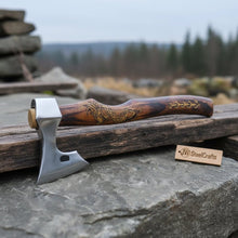 Load image into Gallery viewer, Hand Forged Damascus Steel Viking Axe – 18” Bearded Bushcraft Hatchet with Hardwood Handle | JW SteelCrafts