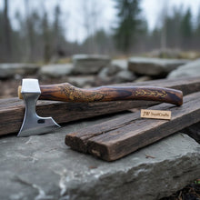 Load image into Gallery viewer, Hand Forged Damascus Steel Viking Axe – 18” Bearded Bushcraft Hatchet with Hardwood Handle | JW SteelCrafts