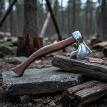 Load image into Gallery viewer, Hand Forged Damascus Steel Viking Axe – Bearded Camping Hatchet with Hardwood Handle &amp; Leather Sheath | JW SteelCrafts