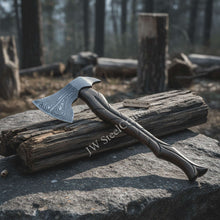 Load image into Gallery viewer, Hand-Forged Damascus Viking Axe – Carved Hardwood Handle | Bushcraft, Camping &amp; Display Collectible