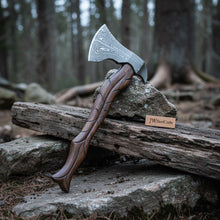Load image into Gallery viewer, Hand-Forged Damascus Viking Axe – Carved Hardwood Handle | Bushcraft, Camping &amp; Display Collectible