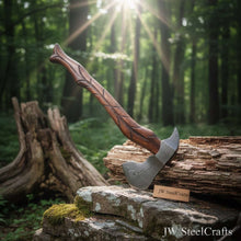 Load image into Gallery viewer, Hand-Forged Damascus Viking Axe – Carved Hardwood Handle | Bushcraft, Camping &amp; Display Collectible