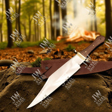 Load image into Gallery viewer, Hand Forged High Carbon Steel Bowie Knife, Clip Point Frontier Style Fixed Blade, Brass Guard, Rosewood Handle, Leather Sheath, JW SteelCrafts